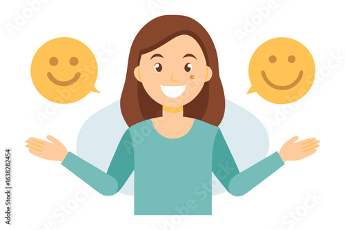 Smiling thoughts: A woman radiating positivity stands with a smile, two speech bubbles with smiley faces floating beside her. This illustration captures the essence of happiness and positive thinking.
