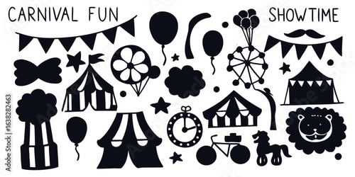 Hand-drawn doodle circus icon vector set with circus elements like tents, clowns, balloons, popcorn, unicycles, juggling, lions, and stars.