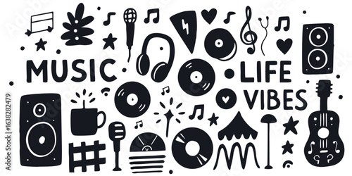 Hand-drawn doodle music festival icon vector set with music festival elements like microphones, records, speakers, headphones, music notes, dancing people, stars, and tents.