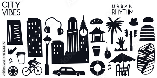 Hand-drawn doodle urban life icon vector set with urban life elements like skyscrapers, bicycles, street lamps, taxis, coffee cups, traffic signs, and pigeons.