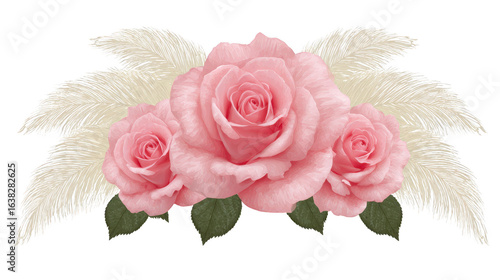 Beautiful arrangement of pink roses surrounded by soft, feathery accents, creating elegant and romantic floral display. Perfect for various design projects