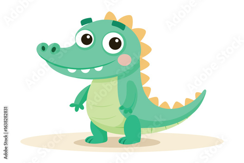 Cute cartoon crocodile character isolated on white background with friendly smile