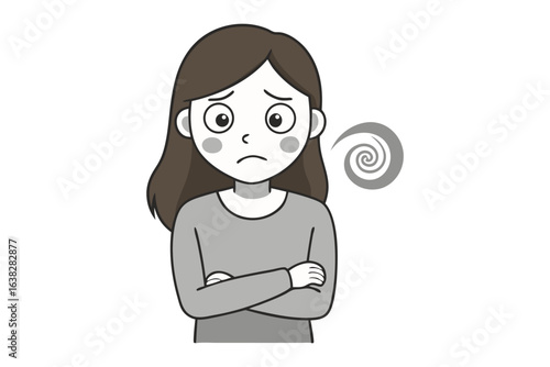 Worrying Illustration: A grayscale illustration showcases a woman with a furrowed brow and crossed arms, expressing a feeling of unease and concern.
