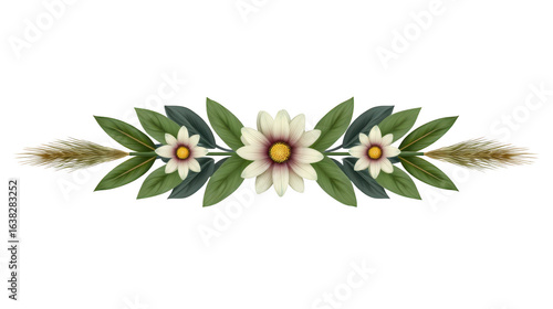 Floral arrangement featuring three flowers with green leaves and wheat accents, creating harmonious and natural design. This decorative element adds touch of elegance and beauty to various
