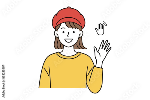 Friendly Gesture: A cheerful woman waves her hand in greeting, her expression warm and inviting, embodying approachability and kindness. 