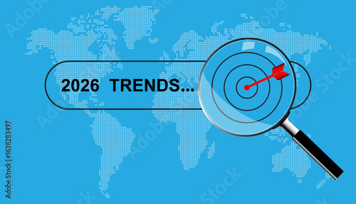 Searching Trends for 2026. Magnifying glass focusing on target symbol, strategic plan in new year, seo and geo analysis, business predictions, finance, investment.