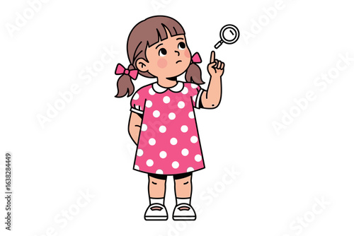 Curious Explorer: A young girl, with pigtails and a curious expression, examines the world through a magnifying glass. Her gaze is filled with wonder and a desire to explore the unknown.