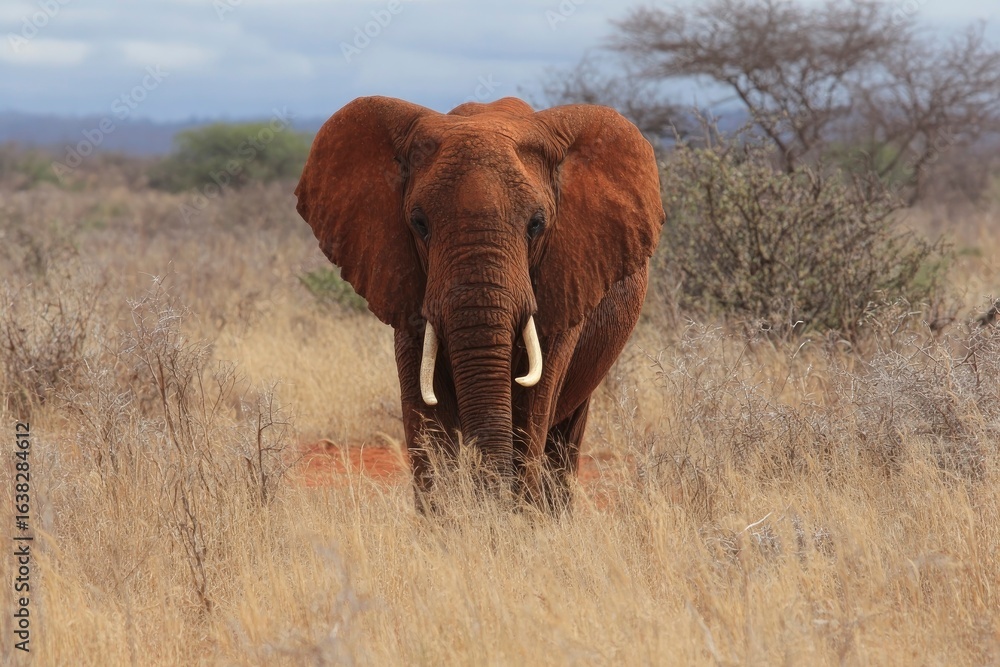 Obraz premium An African elephant stands in a field of tall dry grass its large ears and tusks prominent with trees and a cloudy sky in the background