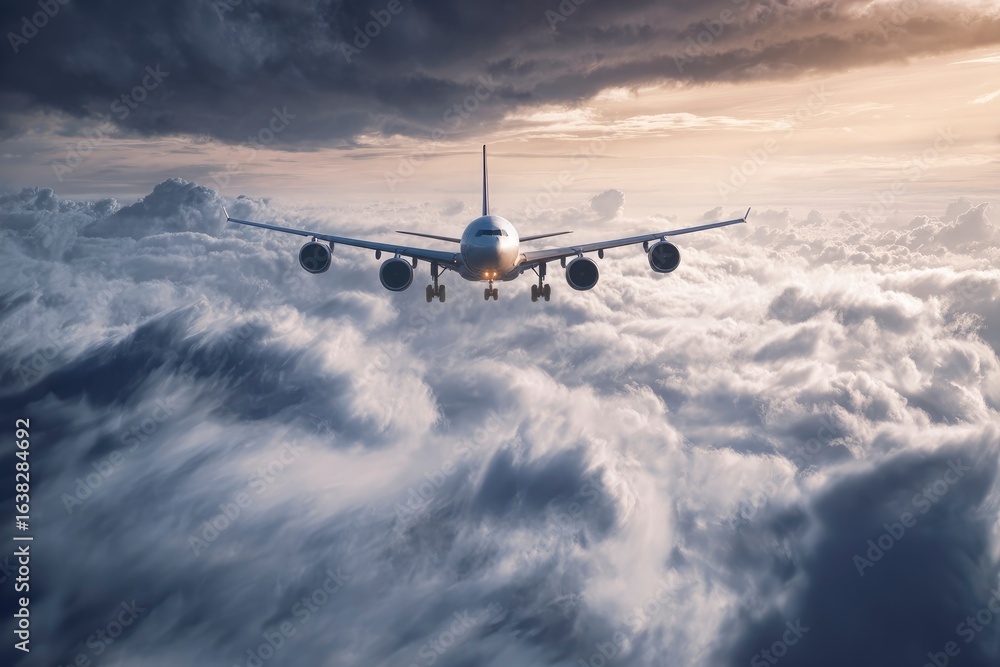 Obraz premium An airplane flies through a sea of clouds with a sky of warm and cool colors