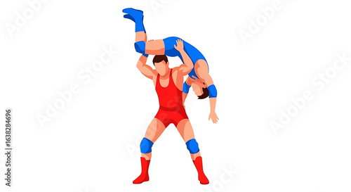 A wrestler in a red singlet performs a powerful suplex, lifting his opponent in a blue singlet overhead.