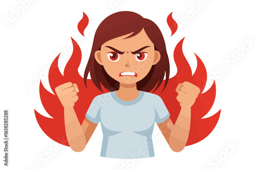 Expression of Frustration: A vivid illustration depicts an enraged woman, radiating with intense emotions as flames erupt around her, symbolizing her burning anger.