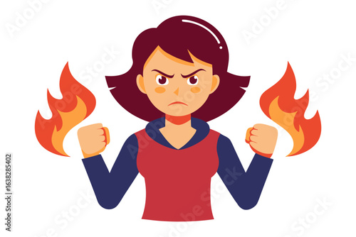 Fiery Fury: A woman expresses her anger with flames around her fists, symbolizing her rage and frustration.