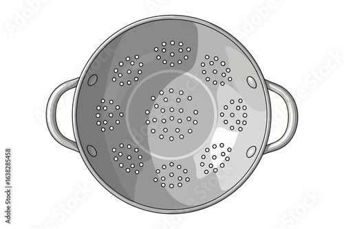 Colander illustration: A top-down illustration of a gleaming metal colander, showcasing its essential kitchen function and functional design.