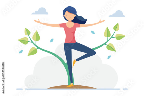 Balance in Nature's Embrace: An illustrated woman finds inner peace while practicing yoga, her body a serene representation of balance within the natural world.