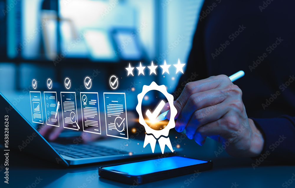© Supatman - Quality Assurance and Certification Compliance Concept. Businessman using digital interface showing certification badge, quality assurance, standards compliance, and excellence in performance. © Supatman - Quality Assurance and Certification Compliance Concept. Businessman using digital interface showing certification badge, quality assurance, standards compliance, and excellence in performance.