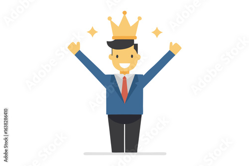 The Victorious Leader: A cartoon illustration of a leader, exuding confidence, joyously raises their arms in triumph, a golden crown adorning their head.