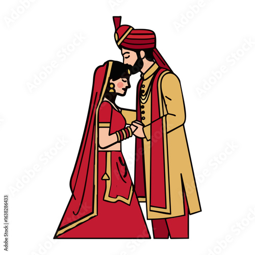 Minimal Hindu Wedding Groom Forehead Kiss Vector Illustration
