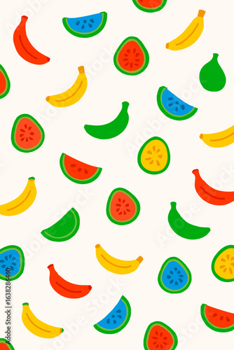 Cheerful and vibrant fruit pattern featuring bananas, watermelons, and figs, creating a playful and summery design on a light background for various applications.