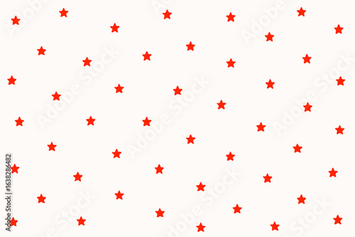 A simple and festive seamless pattern features numerous small red stars evenly scattered across a clean white background, perfect for design projects.
