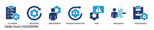 Banner of Business Continuity web vector illustration with icons of planning, recovery, management, ongoing operation, risk, resilience and procedures.