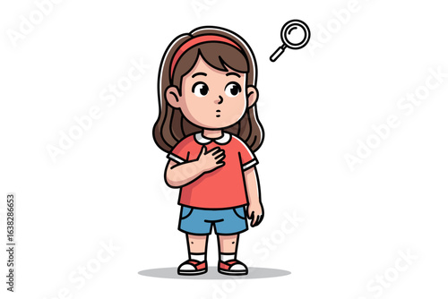 Girl with Magnifying Glass: A curious girl, pondering with a magnifying glass hovering above her head, represents the concept of investigation and research.