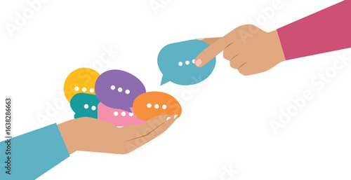 Collect feedback, man hand giving speech bubble feedback