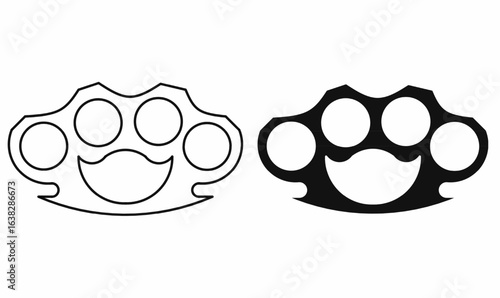 Vector illustration of brass knuckles in solid black silhouette and thin outline style. Perfect for defense, weapon icon, martial arts, security, or emblem design.brass knuckles icon isolated white ba