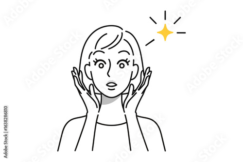 Amazement and Wonder: A simplified illustration showcases a woman with wide eyes and a look of astonishment, her hands gently touching her face, a radiant star accentuating the moment.