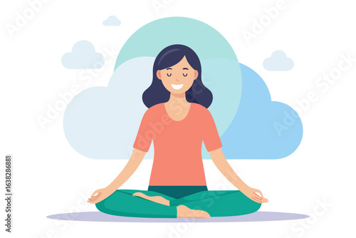 Serene Meditation: A woman, radiating inner peace, sits in a meditative pose. Surrounded by soft clouds, she embodies tranquility and mindfulness.