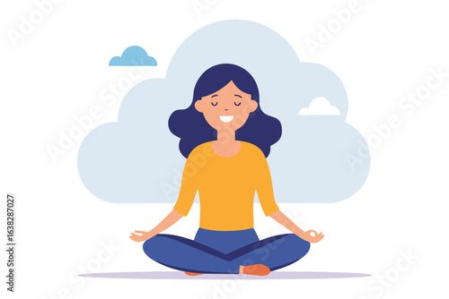 Serene Meditation in Soft Focus:  A woman practices mindful meditation, radiating inner peace as she sits in a tranquil yoga pose. Her peacefulness reflects calmness and self-discovery.