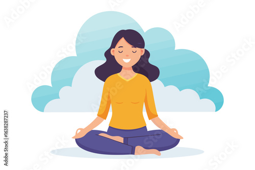 Peaceful Meditation: A serene woman finds tranquility, sitting in lotus position with closed eyes against the backdrop of a gentle cloudscape, a scene evoking relaxation, mindfulness and inner peace.
