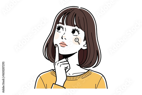 Thoughtful Contemplation: An illustration of a woman in a moment of pensive reflection, with eyes gazing upwards and a finger poised near her lips, embodying a state of deep thought.