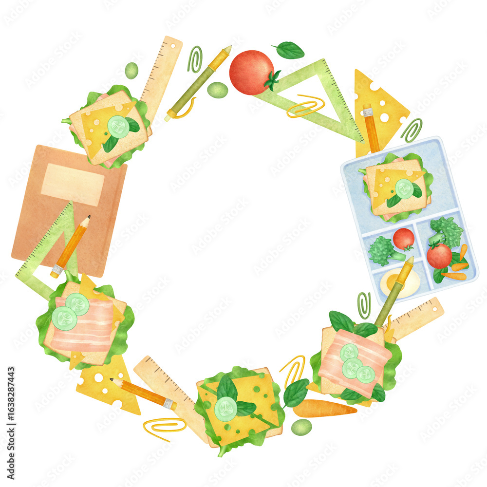 Obraz premium Back to school wreath watercolor isolated illustration. Lunch box with healthy food and stationery supplies. Clip art. Hand drawn sketch for kids in elementary school.