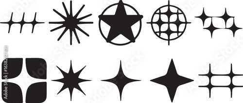 Y2K Icon Sheet. Collection of abstract shapes and geometric design elements in black and white