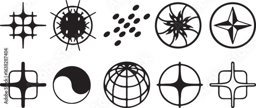 Y2K Icon Sheet. Collection of abstract shapes and geometric design elements in black and white