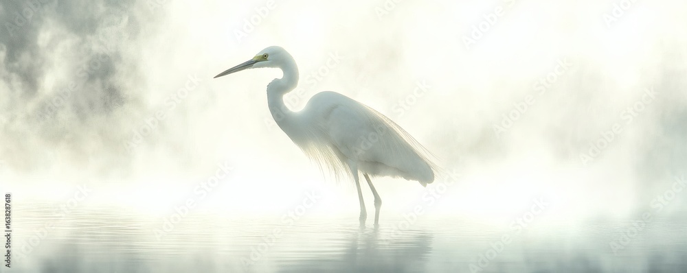 Naklejka premium A beautiful white heron standing gracefully in a misty body of water