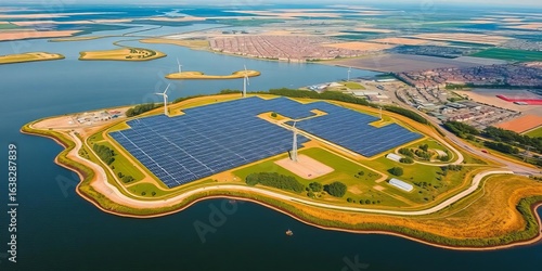 Island-shaped solar farm powering Almere's Noorderplassen district,  Netherlands,  eco-friendly