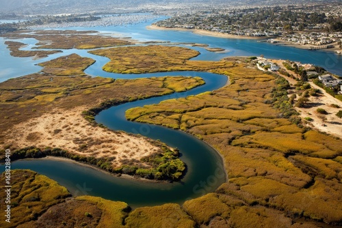 Aerial view of winding waterways and marshland