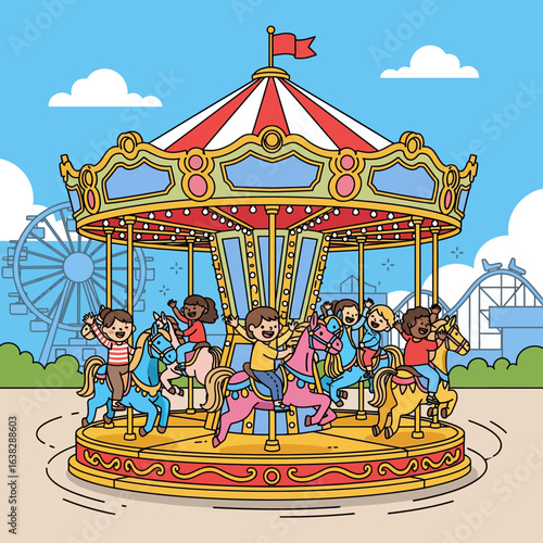 Joyful Carousel Ride: Captivating illustration of a vibrant carousel scene featuring cheerful children enjoying a fun ride on colorful horses under a sunny sky. 