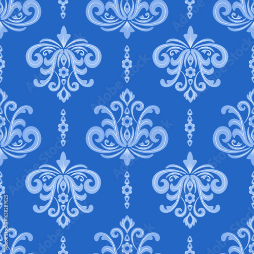 Damask seamless pattern with light blue flowers, vintage style, vector illustration elegant for textile, wall paper, bedding, curtains, cushion cover, rug, wrapping, scarf, upholstery fabric, fashion