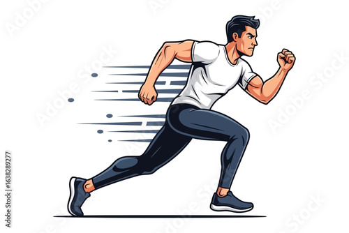 Dynamic Runner in Motion: A muscular athlete sprints forward with focused determination, showcasing raw power and speed. The runner's body is a testament to athleticism.
