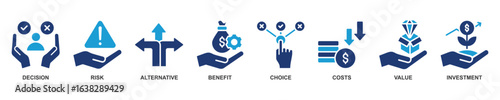 Banner of Opportunity Cost web vector illustration with icons of decision, risk, alternative, benefit, choice, costs, value and investment.