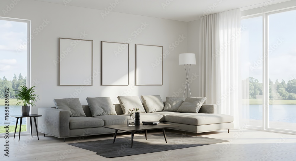 Modern Living Room with Sectional Sofa, Mockup Frames, and Lakeside View Modern Living Room with Sectional Sofa, Mockup Frames, and Lakeside View