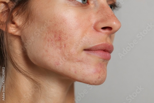 Closeup of a womans face shows her facial skin texture pores acne scarring and several red blemishes