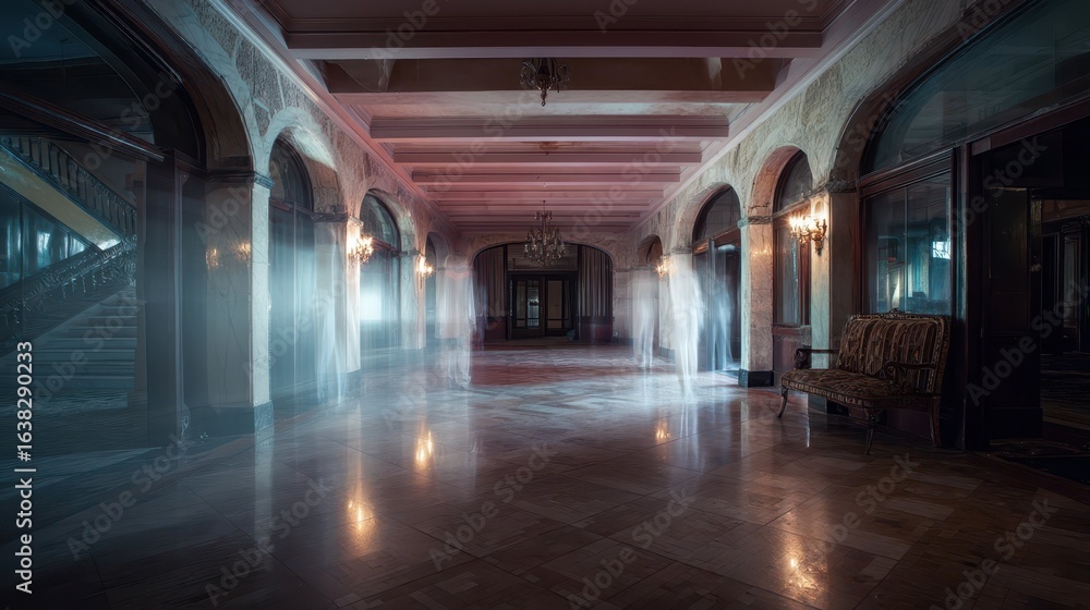 Fototapeta premium Abandoned Hotel Lobby with Ghostly Figures and Eerie Atmosphere