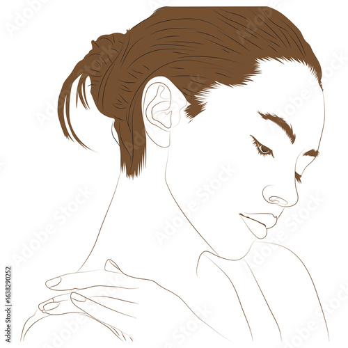 A minimalist line art illustration depicts a serene woman with brown hair in a bun, gazing downwards. Her gentle hand on her bare shoulder suggests quiet contemplation.

