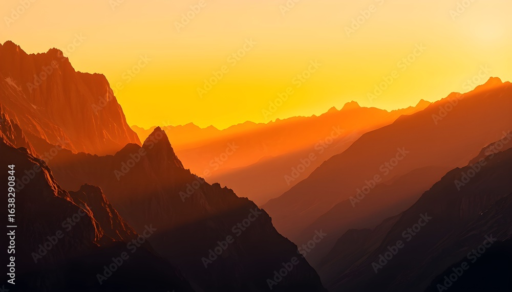 Naklejka premium Golden sunset illuminates a dramatic mountain range, casting long shadows across deep valleys.