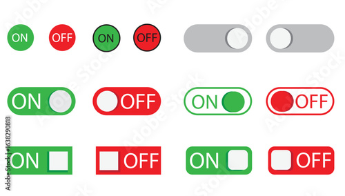 on and off  toggle switch button icon set vector in a material design UI elements, apps, and websites. On and off toggle switch button. Vector illustration