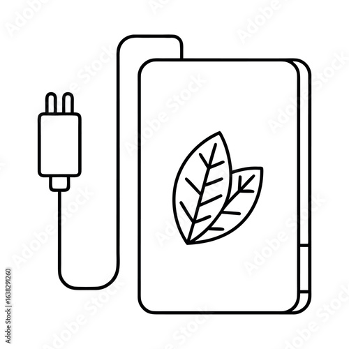 Portable power bank with a green leaf symbol representing eco friendly energy and mobile charging solutions