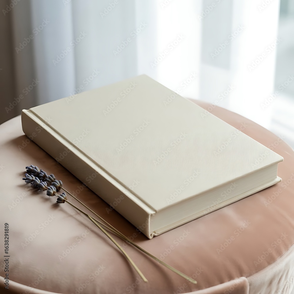 Fototapeta premium Elegant cream-colored book mockup with lavender sprigs on a blush-pink surface.